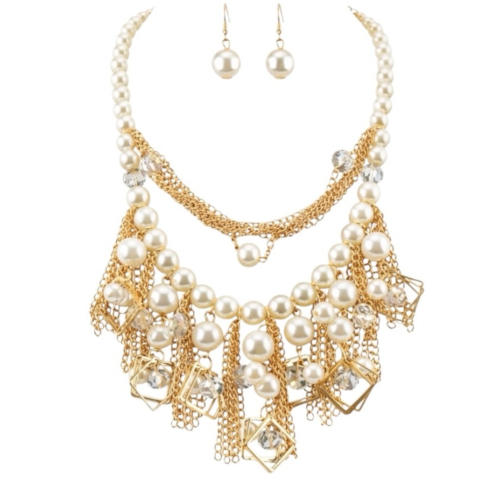 Layered Draping Fringe Faux Pear Art Deco Gold Elegant Necklace Set